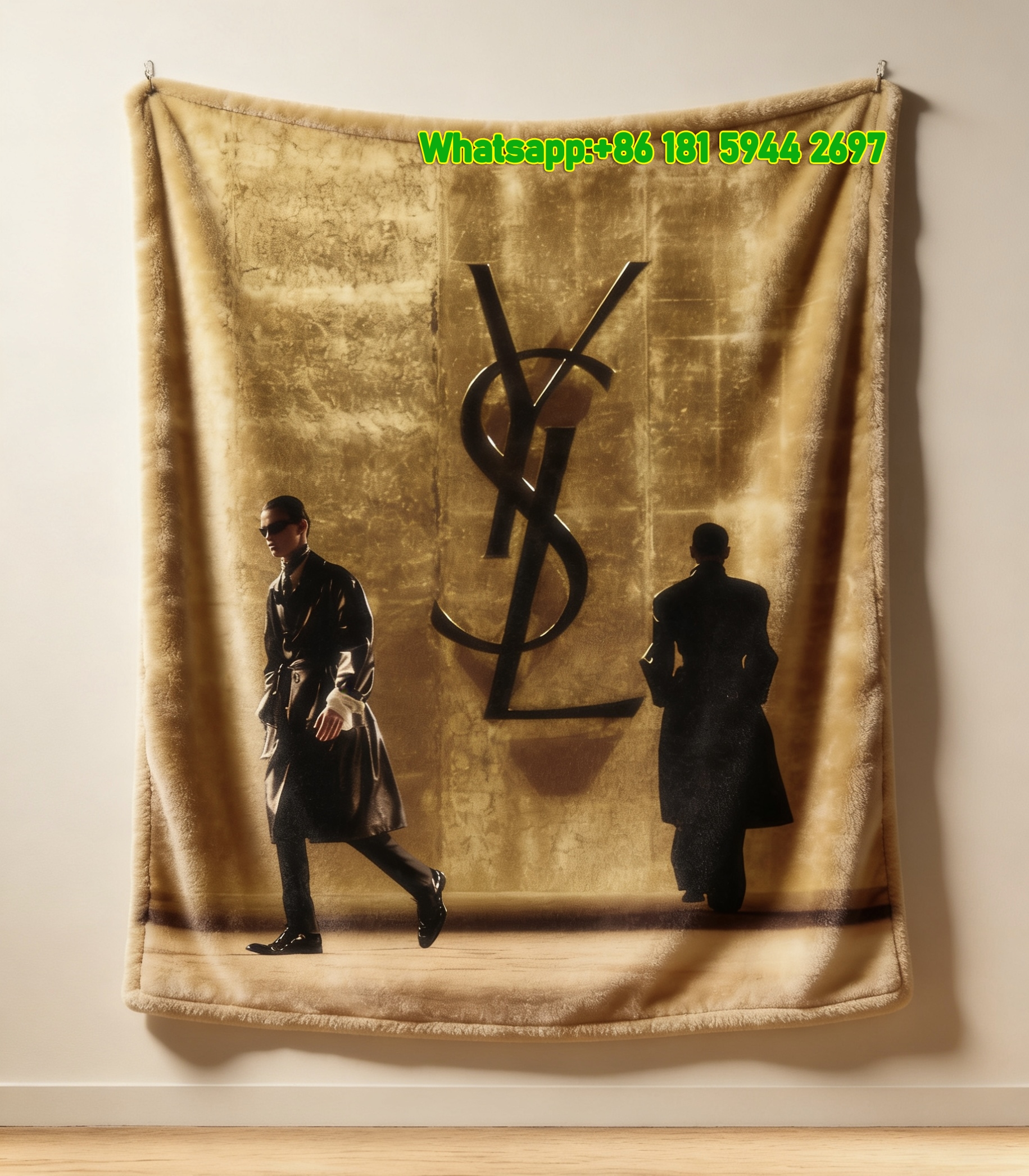 Yves Saint Laurent YSL Black and Gold Runway Model with YSL Logo Print Flannel Throw Blanket IMG_3287
